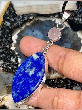 Faceted Pink Rose Quartz & Lapis Lazuli Crystal Pendant 2 7/8”